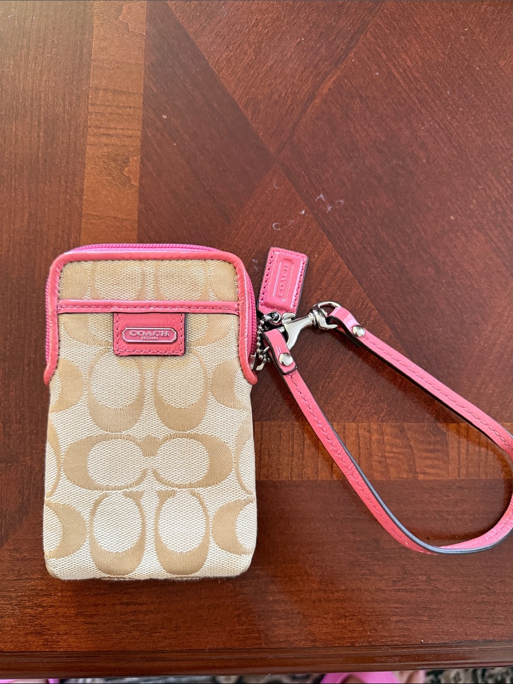 Coach Signature Canvas Camera Pouch Wristlet with Pink Trim